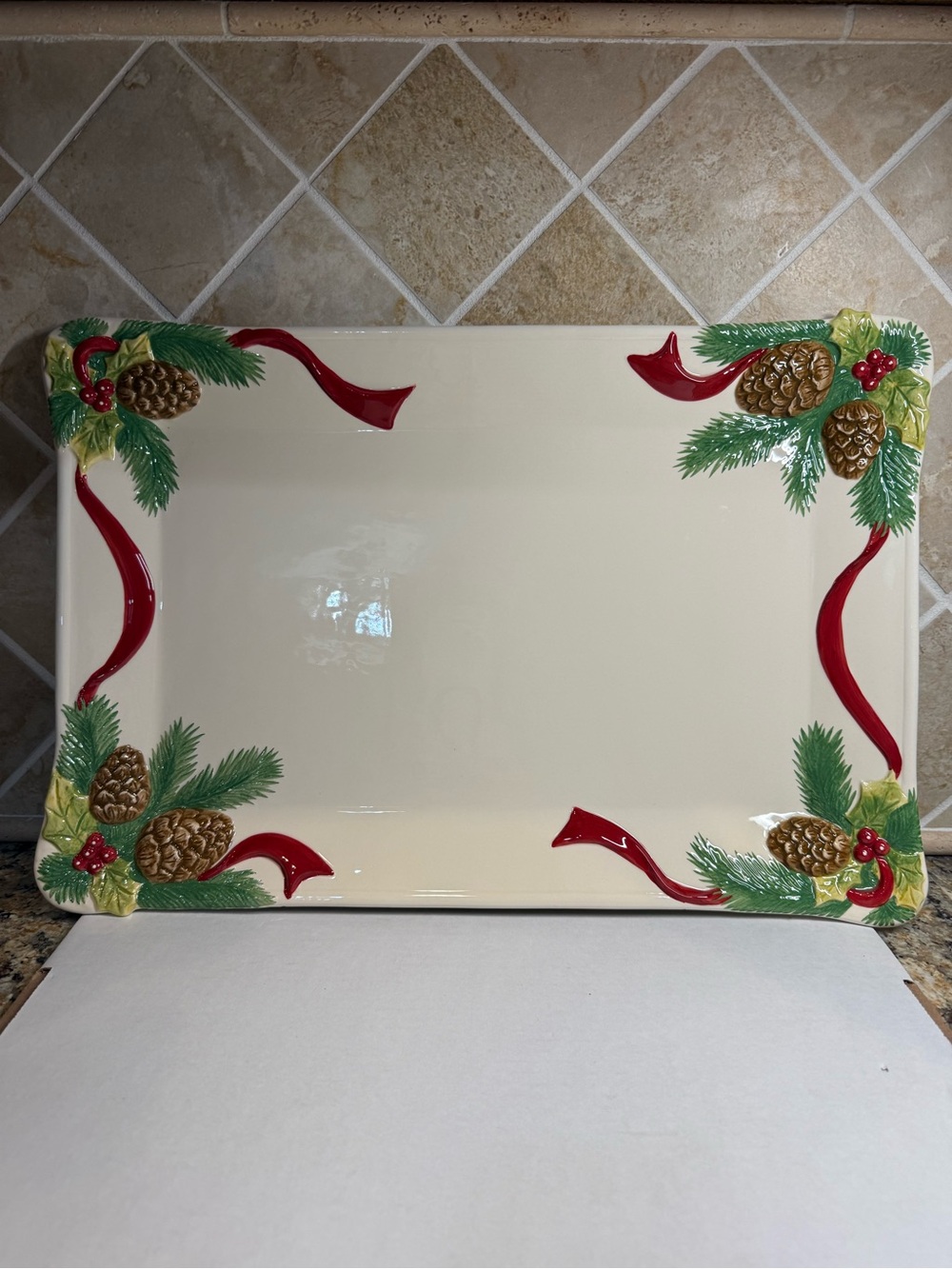 Valerie Cumberland Design Group Christmas Pinecone Ceramic Serving Platter 18x12
